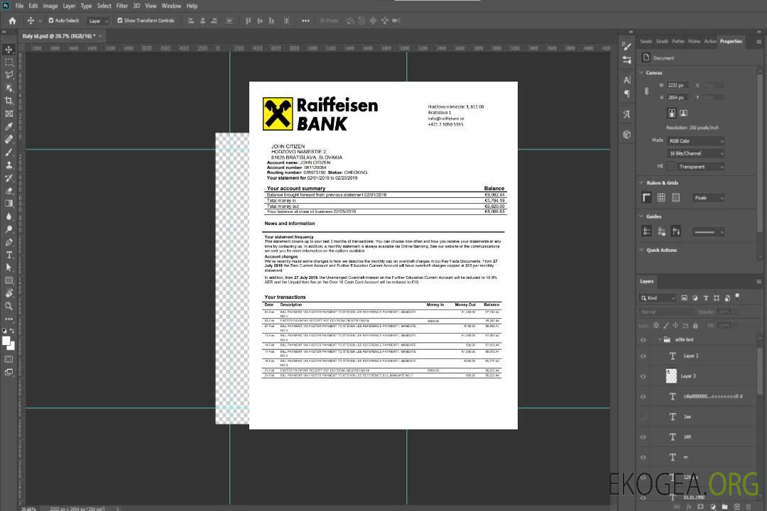 Relevé de la Banque Raiffeisen Slovaquie template Relevé de la Banque Raiffeisen Slovaquie template